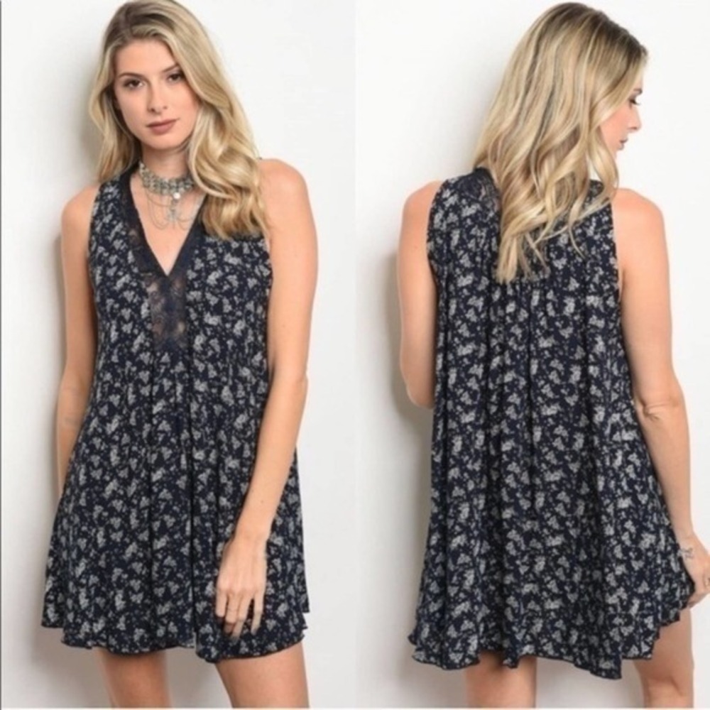 Boho Blue and Black Floral Sleeveless Tunic Dress BRAND NEW